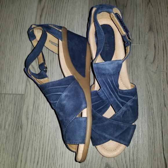 Earth Sueded-Leather Wedge Sandal with Velcro Closure-Navy Blue - Picture 2 of 4